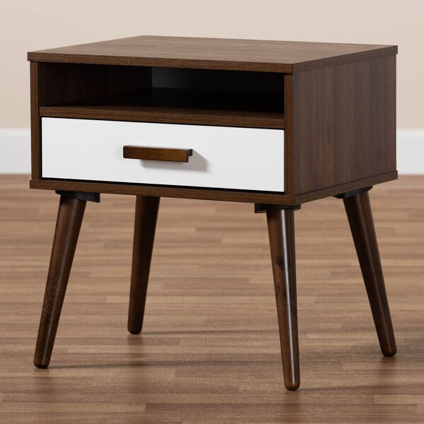 Baxton Studio Quinn White and Walnut Finished 1-Drawer Wood End Table - 159-9852