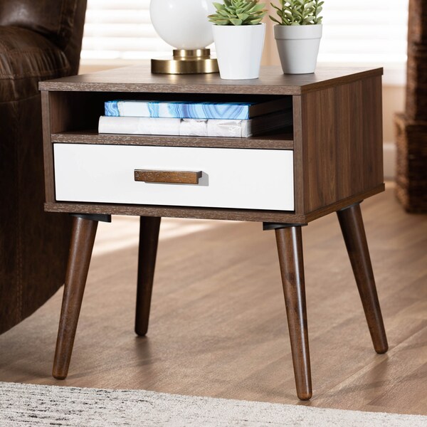 Baxton Studio Quinn White and Walnut Finished 1-Drawer Wood End Table - 159-9852