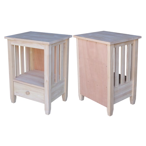 International Concepts Rectangle Mission Tall End Table Includes Drawer, 21 in W, 17 in L, 28.5 in H, Wood, Unfinished - BJ6TD