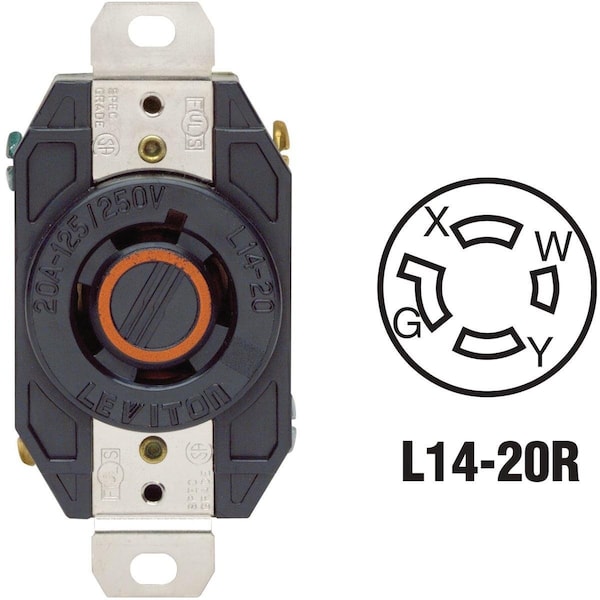 Salida receptáculo Leviton 20A 125V/250V Negro de Grado Industrial con bloqueo L14-20R - 065-02410-000.