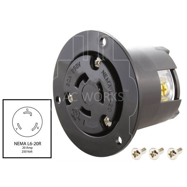Ac Works 20A 250V L6-20R Toma Empotrada con Brida UL y C-UL Listed - ASOUL620R