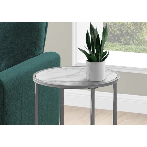 Monarch Specialties Accent Table - 24"H / White Marble-Look / Silver Metal - I 2205
