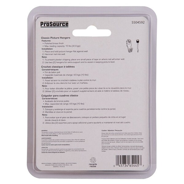 Prosource Picture Hanger, 10 lb, Steel, Polished Brass, Brass, Nail-In Mounting - PH-122266-PS