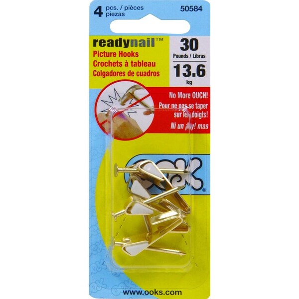 Ook Picture Hanger, 30 lb, Steel, Brass, Gold, 4PK - 50584