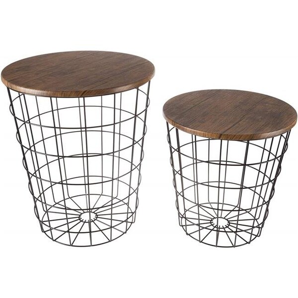 Lavish Home Lavish Home 80-ENDTBL-21 Nesting End Storage Convertible Round Metal Basket Wood Veneer Top Accent Side Tables; Dark Brown - 80-ENDTBL-21