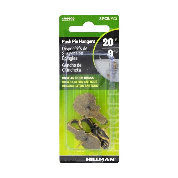 Hillman HILLMAN Antique Brass Gold Push Pin Picture Hook 20 lb 3 pk - 122292