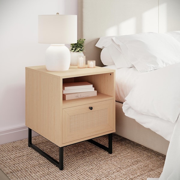 Flash Furniture Malaki Mid-Century Nightstands w/Rattan Accented Drawers, Opn Uppr Shlvs, Metal Legs, Natural, 2PK - 2-EV-ST4043-ZZ-NAT-GG