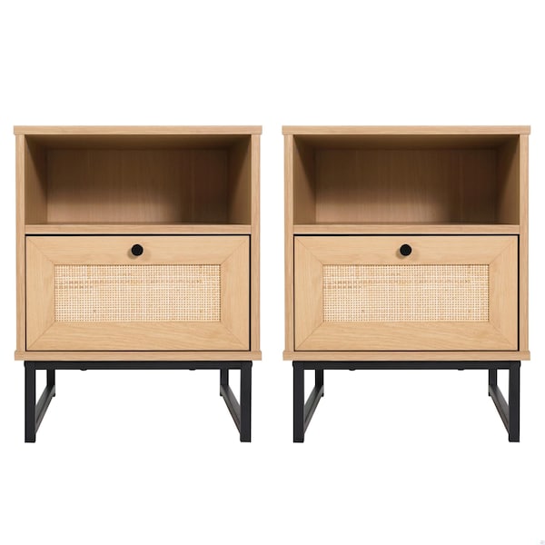 Flash Furniture Malaki Mid-Century Nightstands w/Rattan Accented Drawers, Opn Uppr Shlvs, Metal Legs, Natural, 2PK - 2-EV-ST4043-ZZ-NAT-GG