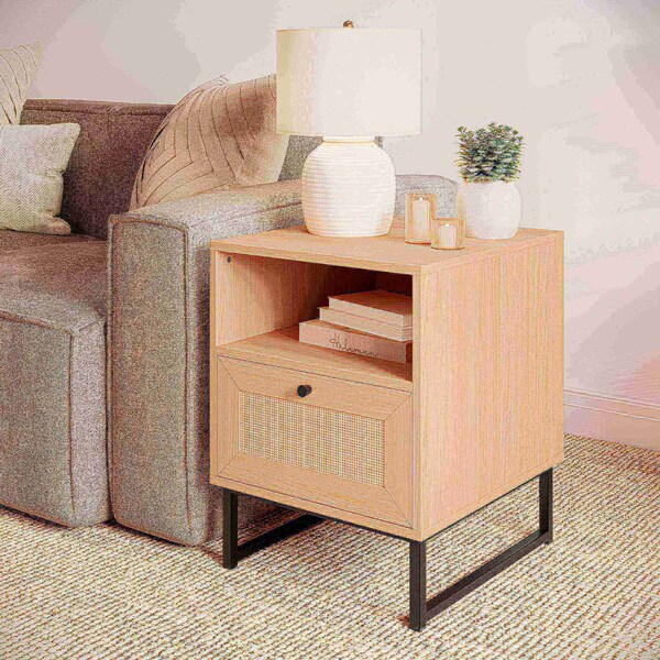 Flash Furniture Malaki Mid-Century Nightstands w/Rattan Accented Drawers, Opn Uppr Shlvs, Metal Legs, Natural, 2PK - 2-EV-ST4043-ZZ-NAT-GG