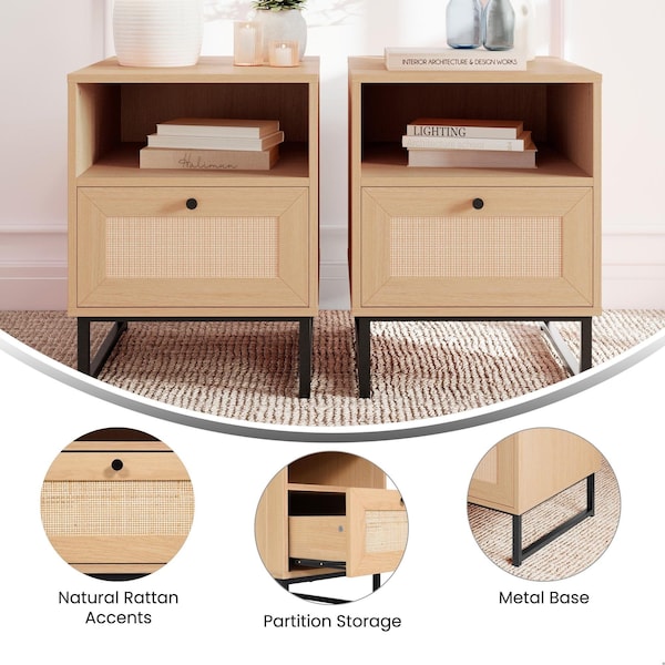 Flash Furniture Malaki Mid-Century Nightstands w/Rattan Accented Drawers, Opn Uppr Shlvs, Metal Legs, Natural, 2PK - 2-EV-ST4043-ZZ-NAT-GG