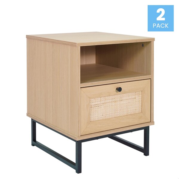 Flash Furniture Malaki Mid-Century Nightstands w/Rattan Accented Drawers, Opn Uppr Shlvs, Metal Legs, Natural, 2PK - 2-EV-ST4043-ZZ-NAT-GG