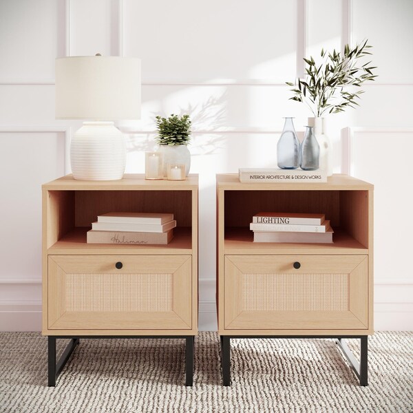 Flash Furniture Malaki Mid-Century Nightstands w/Rattan Accented Drawers, Opn Uppr Shlvs, Metal Legs, Natural, 2PK - 2-EV-ST4043-ZZ-NAT-GG
