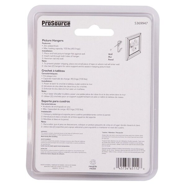 Prosource Picture Hanger, 100 lb, Steel, Zinc, Zinc, Nail-In Mounting - PH-121100-PS
