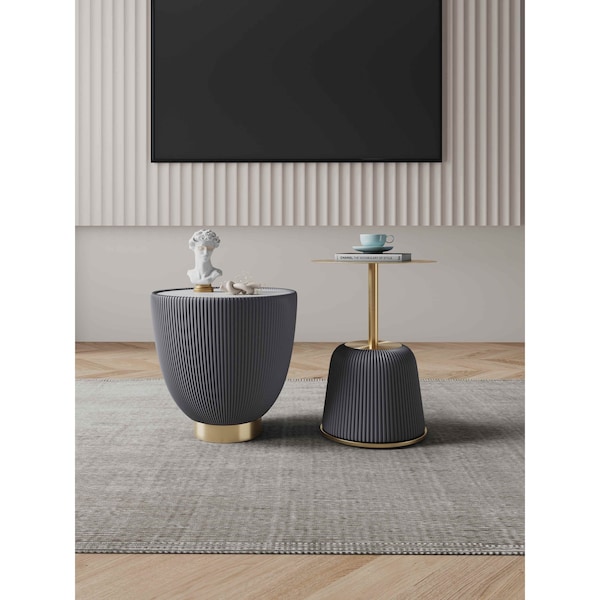 Manhattan Comfort Round End Table 1.0 and End Table 2.0 Set of 2, 18.43 in L, Stainless Steel, Grey - 2-AT03-GY