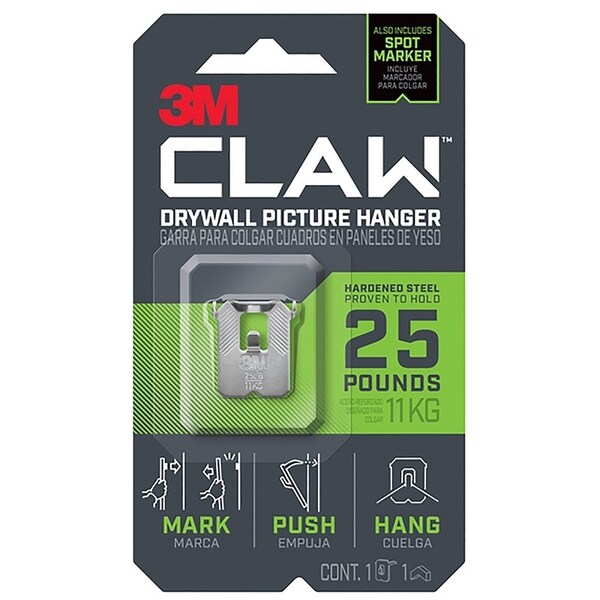 Claw 3M Drywall Picture Hanger, 25 lb, Steel, Push-In Mounting - 3PH25M-1ES
