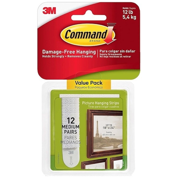 Command Medium Picture Hanging Strip, 3/4 in W, 2-3/4 in L, Foam Backing, White, 3 lb - 17204-12ES