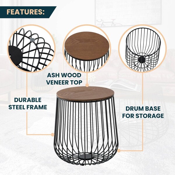 Leisuremod Round 15 in W, 16 in L, Manufactured Wood/Steel, Walnut - RTBL-15WN