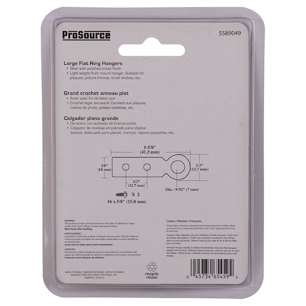 Prosource Picture Hanger, 9 lb, Steel, Polished Brass, Brass, Flush Mounting - PH-122227-PS
