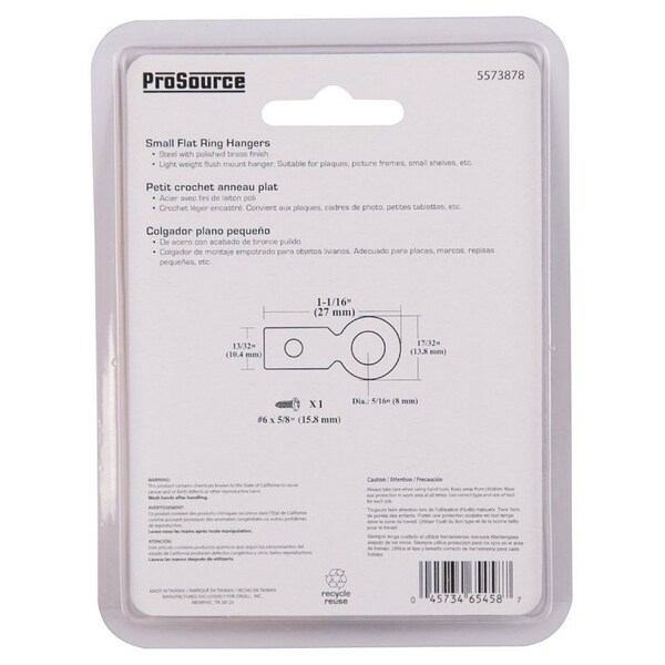Prosource Frame Hanger, 6.5 lb, Steel, Polished Brass, Brass, Flush Mounting - PH-122225-PS