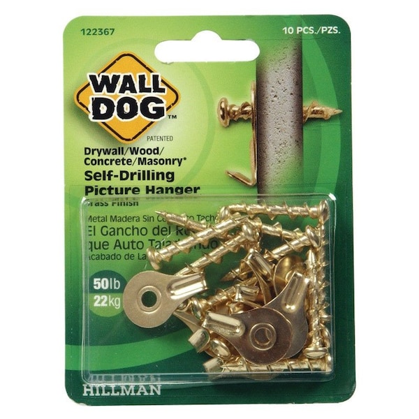 Wall Dog HILLMAN WALL DOG Brass-Plated Gold Self-Drilling Picture Hanger 50 lb 10 pk - 122367