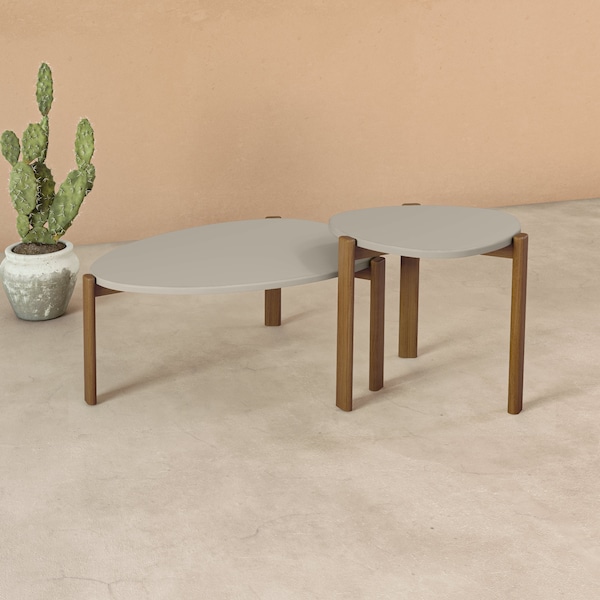 Manhattan Comfort Round Oval End and Coffee Table Set of 2, 50.55 in L, MDF, Greige - 2-82735-OW