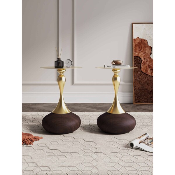 Manhattan Comfort Round End Table, 15.75 in L, Stainless Steel, Brown and Gold - 2-ET006-BR