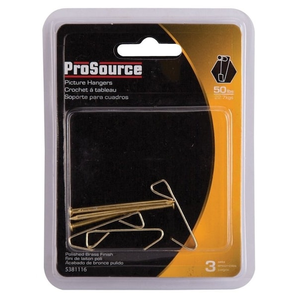 Prosource Picture Hanger, 50 lb, Steel, Polished Brass, Brass, Nail-In Mounting - PH-122304-PS
