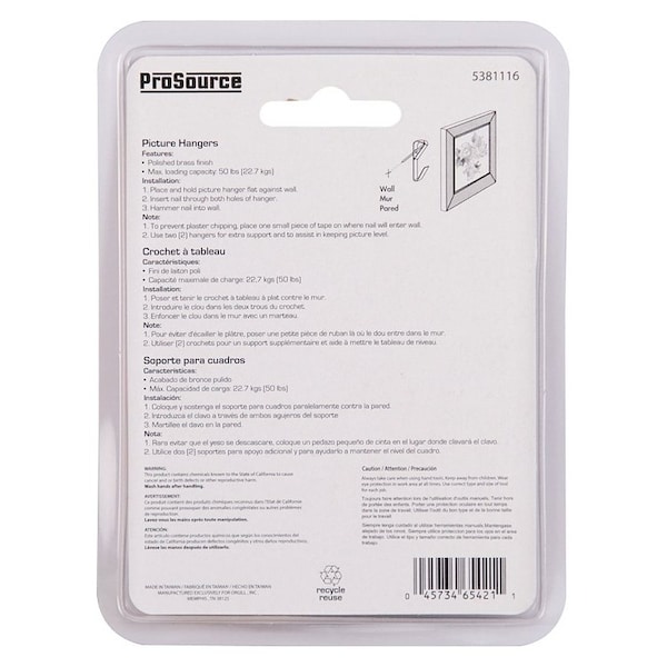 Prosource Picture Hanger, 50 lb, Steel, Polished Brass, Brass, Nail-In Mounting - PH-122304-PS