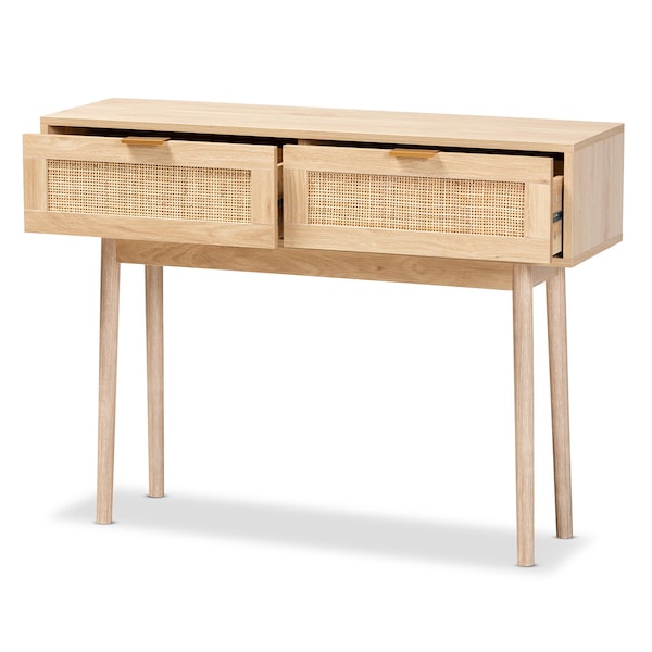 Baxton Studio Baird Mid-Century Modern Light Oak Brown Finished Wood and Rattan 2-Drawer Console Table - 176-11250-ZORO