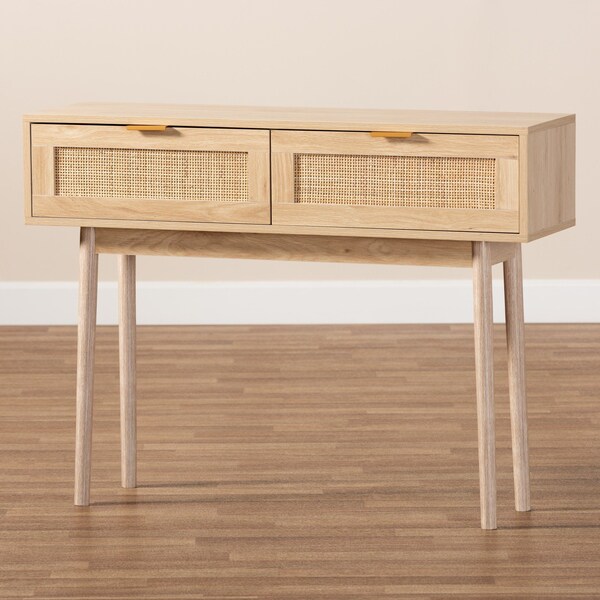 Baxton Studio Baird Mid-Century Modern Light Oak Brown Finished Wood and Rattan 2-Drawer Console Table - 176-11250-ZORO
