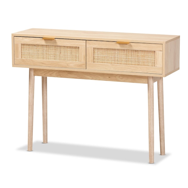 Baxton Studio Baird Mid-Century Modern Light Oak Brown Finished Wood and Rattan 2-Drawer Console Table - 176-11250-ZORO