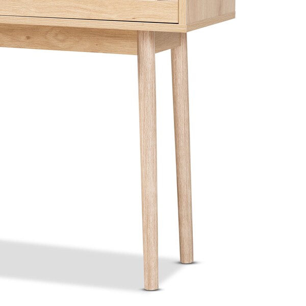 Baxton Studio Baird Mid-Century Modern Light Oak Brown Finished Wood and Rattan 2-Drawer Console Table - 176-11250-ZORO