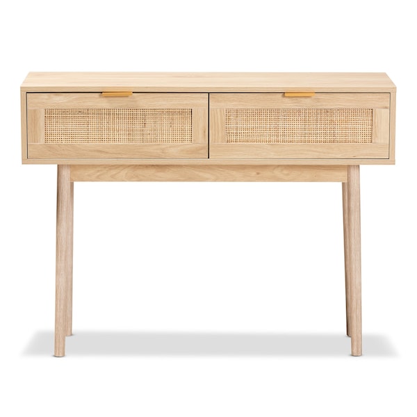 Baxton Studio Baird Mid-Century Modern Light Oak Brown Finished Wood and Rattan 2-Drawer Console Table - 176-11250-ZORO