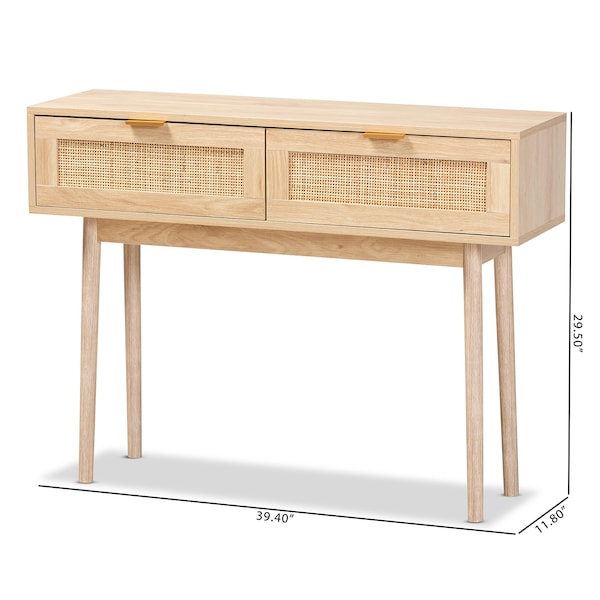 Baxton Studio Baird Mid-Century Modern Light Oak Brown Finished Wood and Rattan 2-Drawer Console Table - 176-11250-ZORO