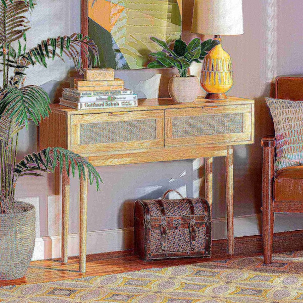 Baxton Studio Baird Mid-Century Modern Light Oak Brown Finished Wood and Rattan 2-Drawer Console Table - 176-11250-ZORO