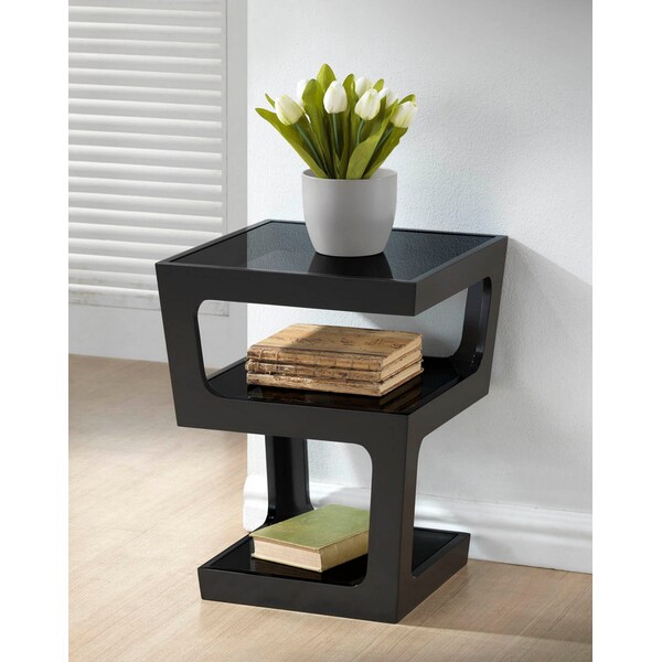 Baxton Studio Clara Black Modern End Table with 3-Tiered Glass Shelves - 102-5099