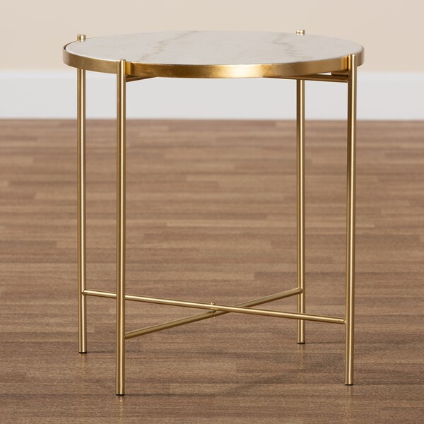 Baxton Studio Maddock Modern & Contemporary Gold Finished Metal End Table with Marble Tabletop - 206-12120