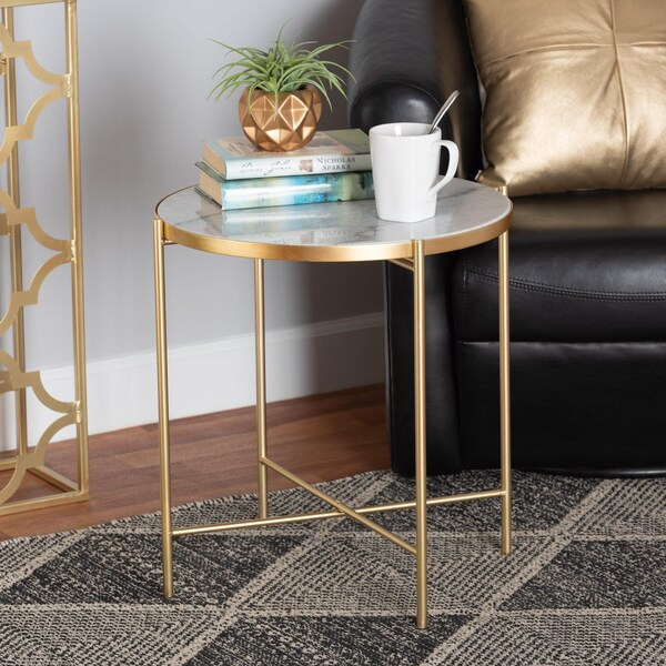 Baxton Studio Maddock Modern & Contemporary Gold Finished Metal End Table with Marble Tabletop - 206-12120