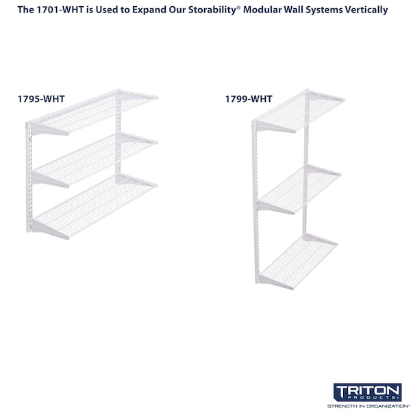 Triton Products Vertical Hang Rail W/ Mounting Hardware, Epoxy Coated Steel, White, 63" L - 1701-WHT