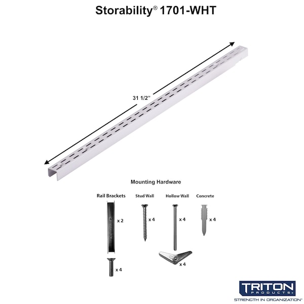 Triton Products Vertical Hang Rail W/ Mounting Hardware, Epoxy Coated Steel, White, 63" L - 1701-WHT
