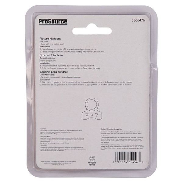 Prosource Picture Hanger, 2 lb, Steel, Zinc, Zinc, Nail-In Mounting - PH-121132-PS