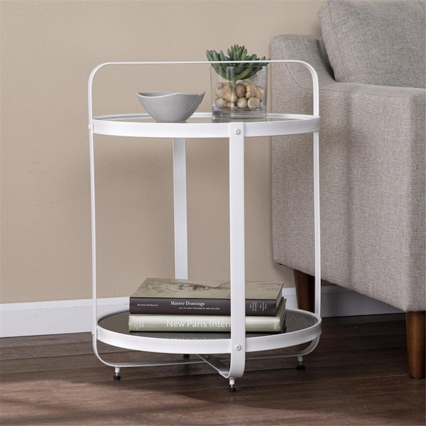 Gfancy Fixtures 27 in. Glass & Iron Round End Table with Shelf White - GF3675316