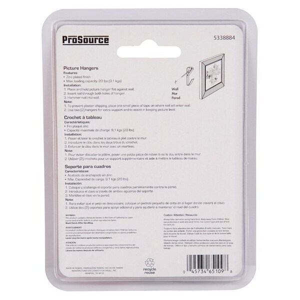 Prosource Picture Hanger, 20 lb, Steel, Zinc, Zinc, Nail-In Mounting - PH-121020-PS