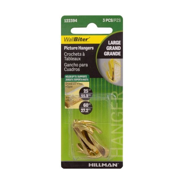 Hillman HILLMAN WallBiter Brass-Plated Gold Large Picture Hook 60 lb 3 pk - 122394