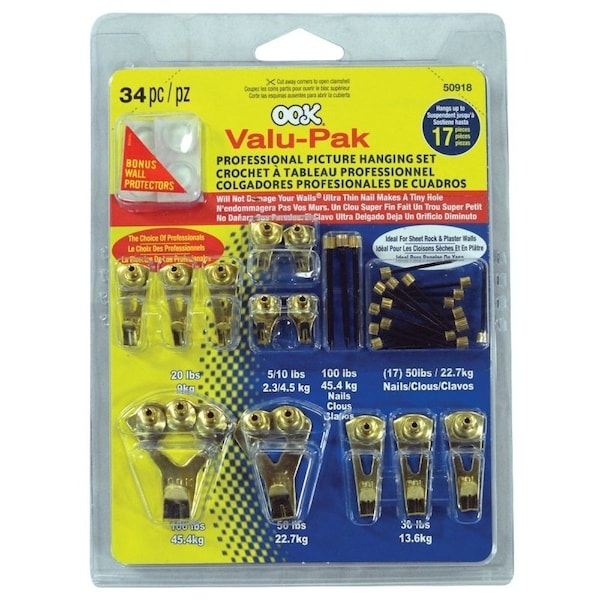 Ook Picture Hanging Kit, 5 to 100 lb, Steel, Brass, Gold - 50918