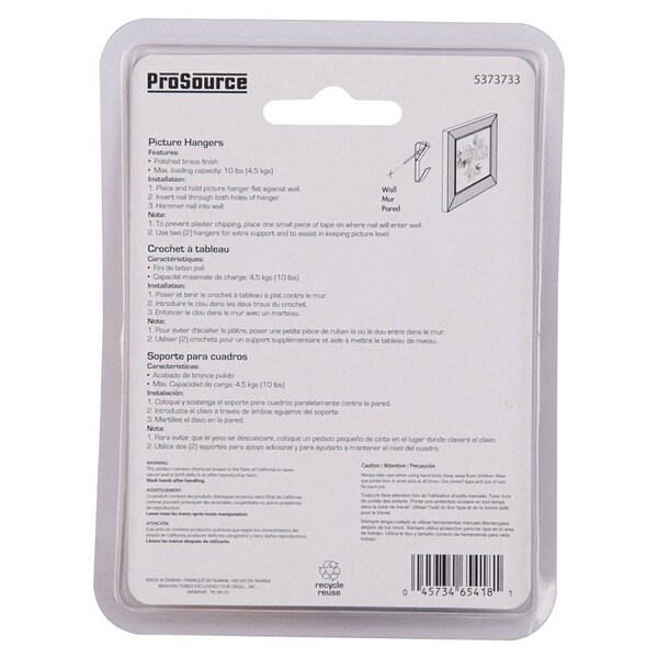 Prosource Picture Hanger, 10 lb, Steel, Polished Brass, Brass, Nail-In Mounting - PH-122312-PS