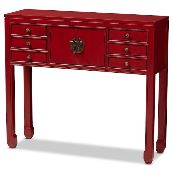 Baxton Studio Red Finished Wood Bronze Finished Accents 6-Drawer Console Table - 147-8191