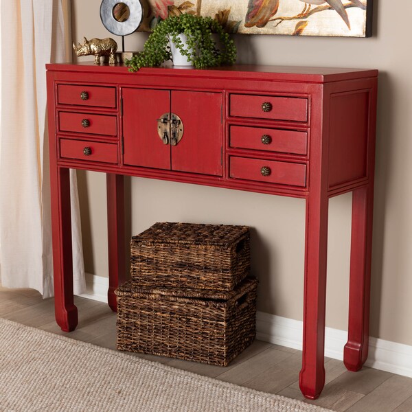 Baxton Studio Red Finished Wood Bronze Finished Accents 6-Drawer Console Table - 147-8191