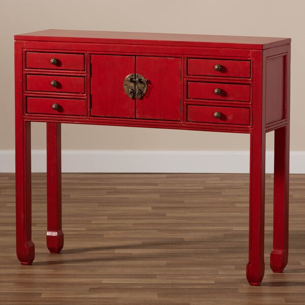 Baxton Studio Red Finished Wood Bronze Finished Accents 6-Drawer Console Table - 147-8191
