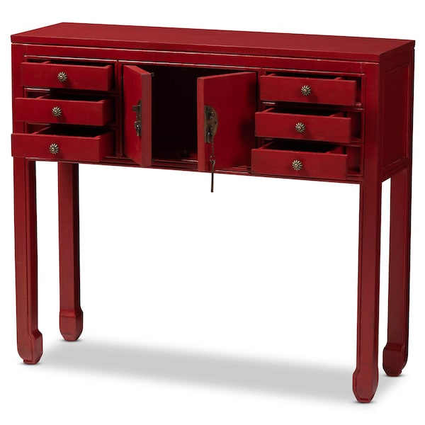 Baxton Studio Red Finished Wood Bronze Finished Accents 6-Drawer Console Table - 147-8191
